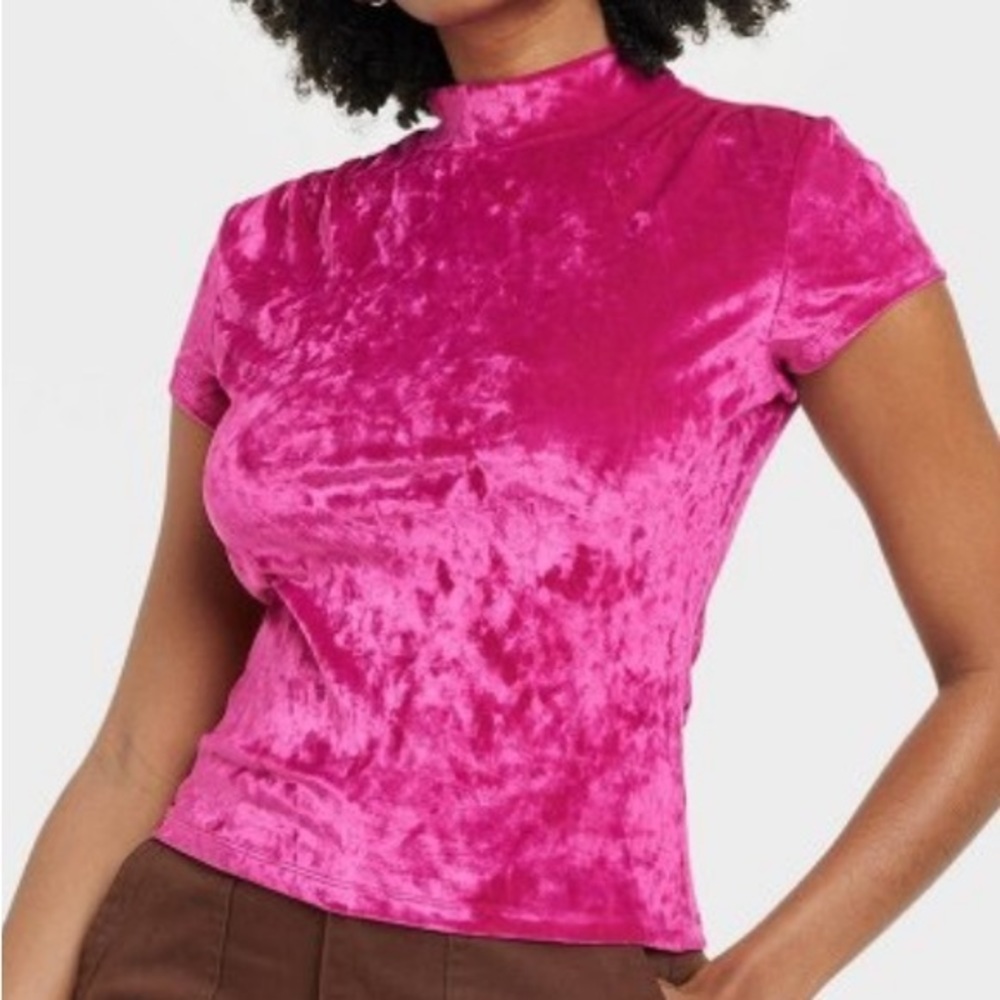 Velvet Hot Pink Fuschia Slim Fit Mock Turtleneck Velvet T-Shirt
